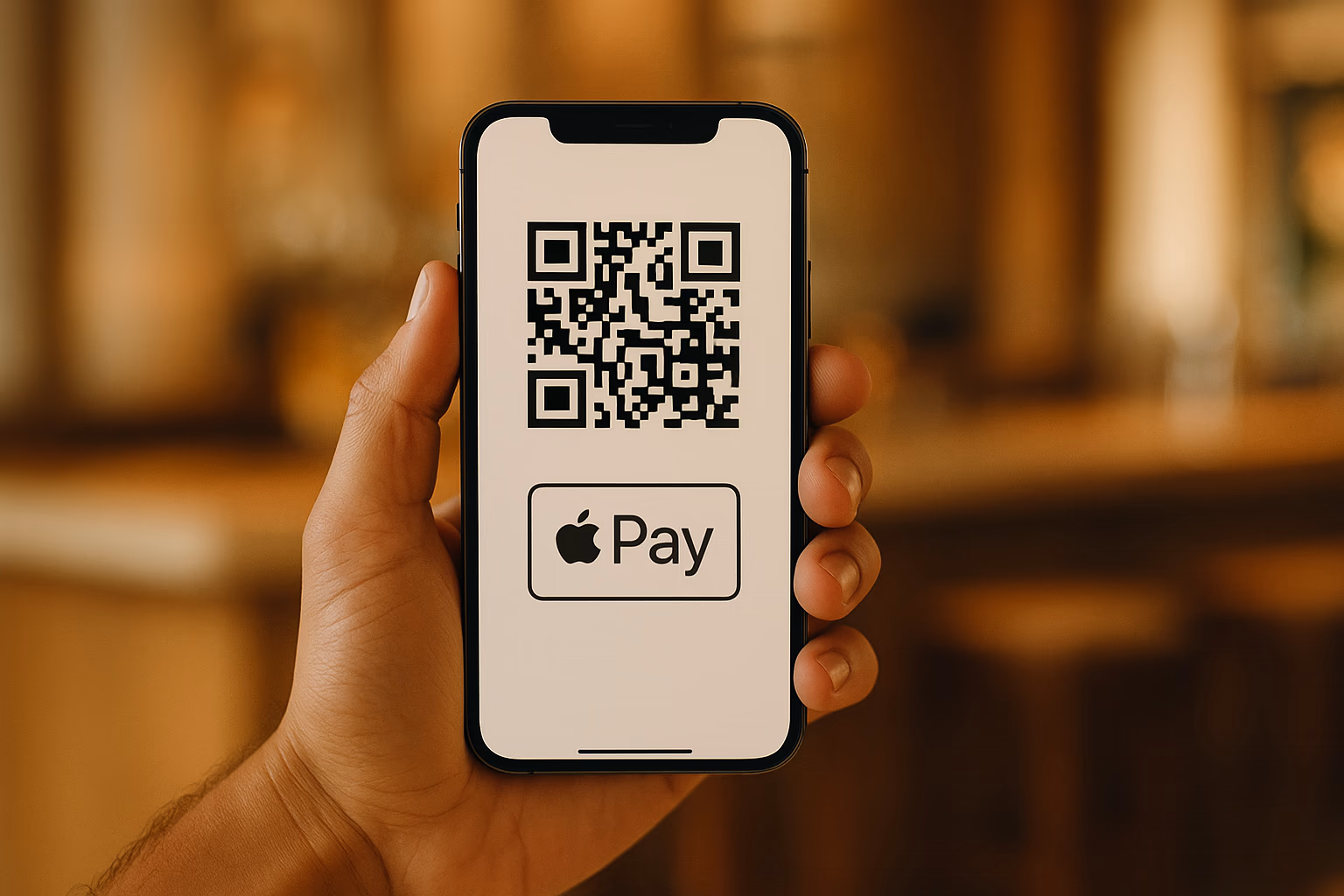 iPhone ar atvērtu Apple Pay maksājuma uzaicinājumu pie SipSmart QR uzlīmes uz koka galda viesu namā.